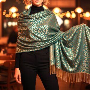 Luxury 70% Pashmina 30% Silk Full Shawl Wrap - Teal & Gold Leopard Print